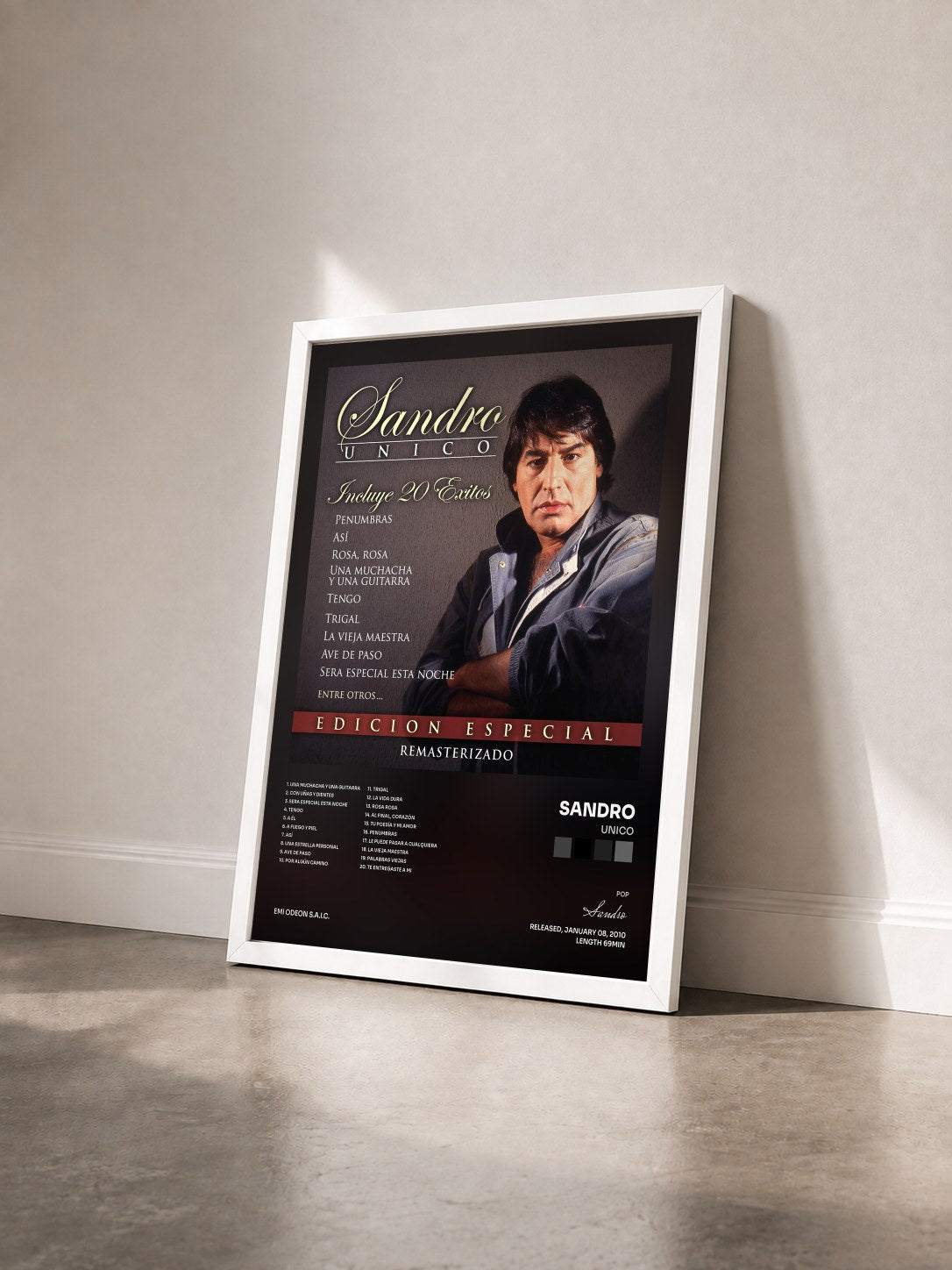#blanc Tableau de l'album Unico de Sandro vu de trois quarts, cadre blanc