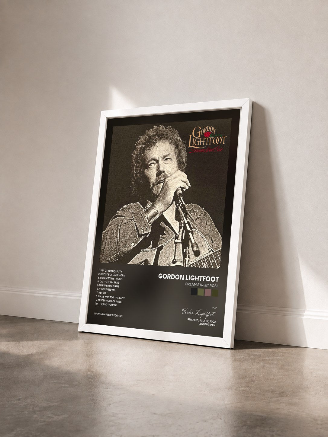 #blanc Tableau de l'album Dream Street Rose de Gordon Lightfoot vu de trois quarts, cadre blanc
