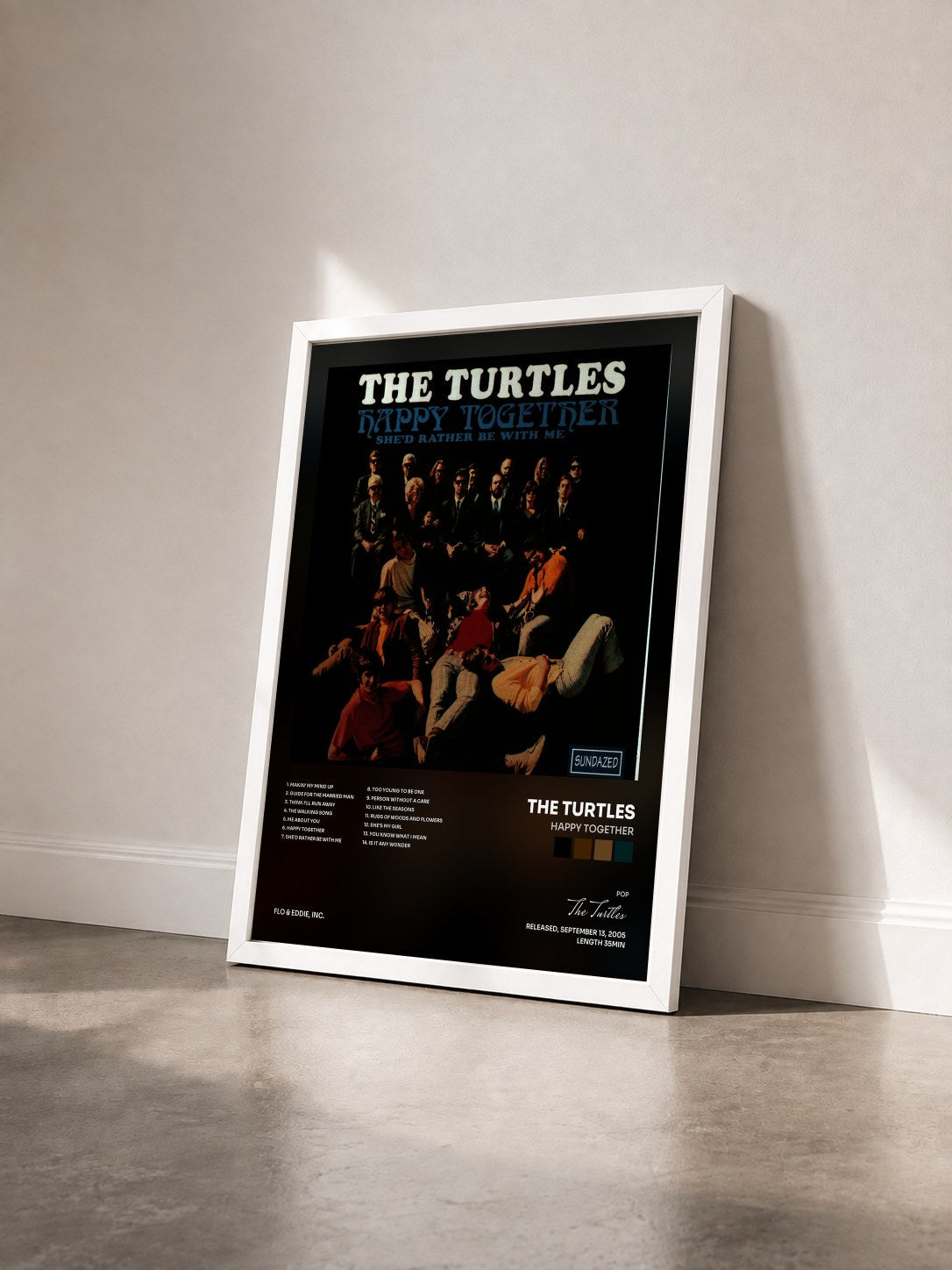 #blanc Tableau de l'album Happy Together de The Turtles vu de trois quarts, cadre blanc