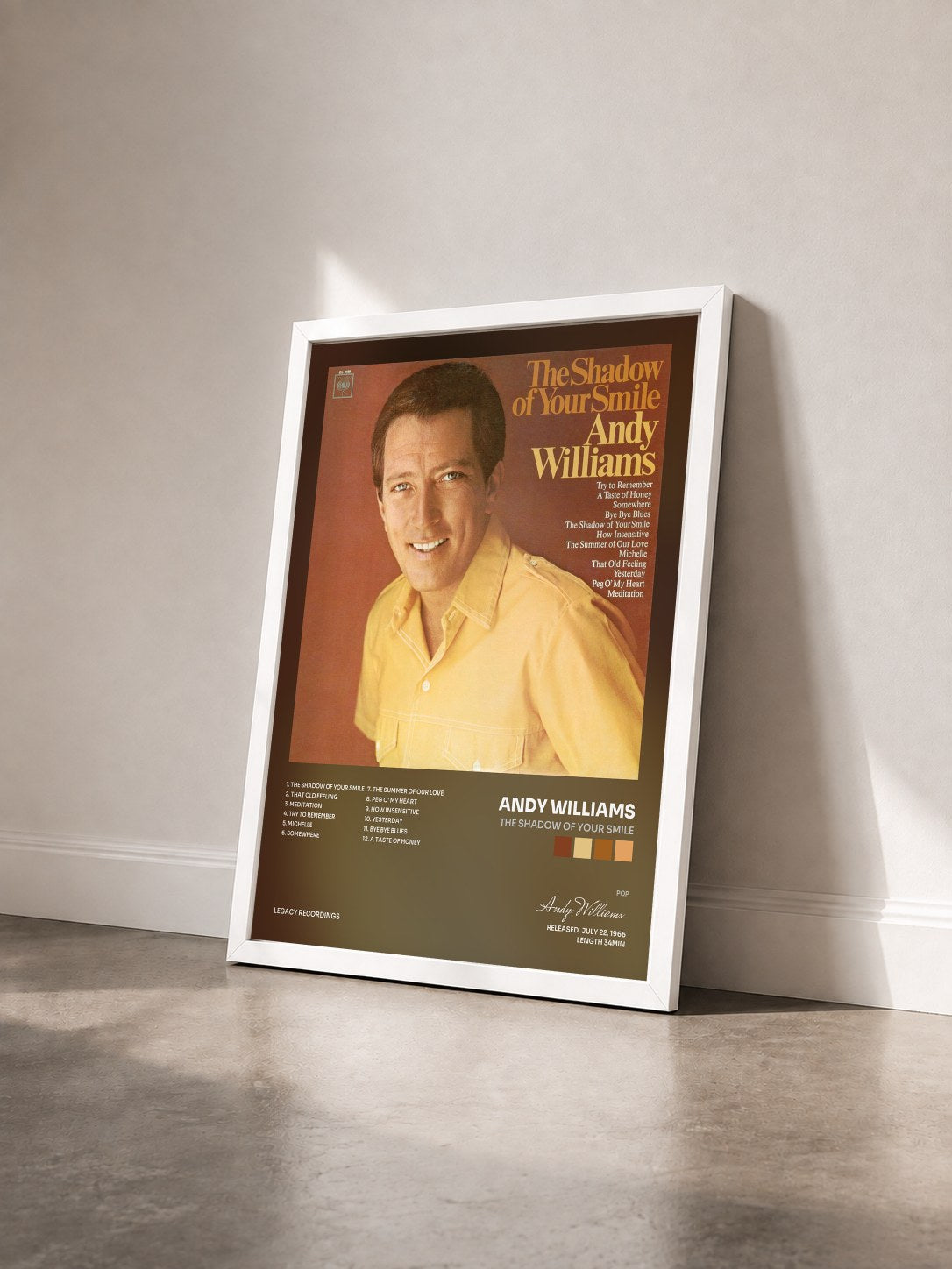 #blanc Tableau de l'album The Shadow of Your Smile de Andy Williams vu de trois quarts, cadre blanc
