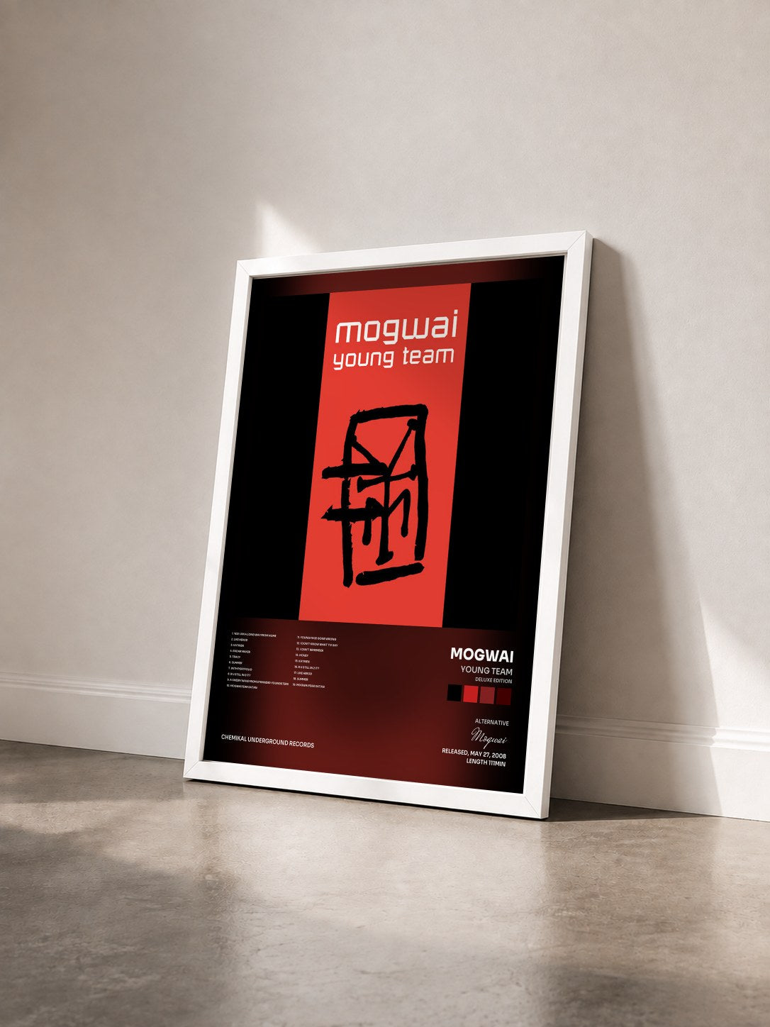 #blanc Tableau de l'album Young Team (Deluxe Edition) de Mogwai vu de trois quarts, cadre blanc