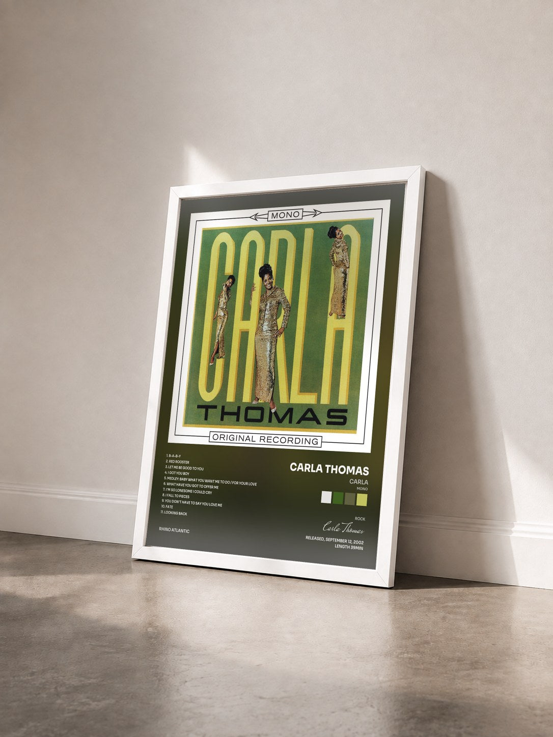 #blanc Tableau de l'album Carla (Mono) de Carla Thomas vu de trois quarts, cadre blanc