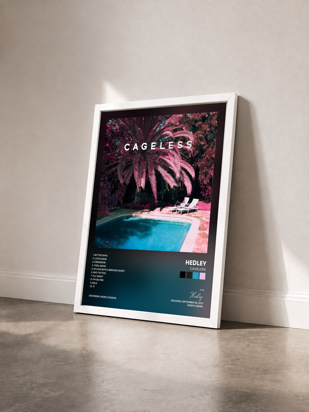 #blanc Tableau de l'album Cageless de Hedley vu de trois quarts, cadre blanc