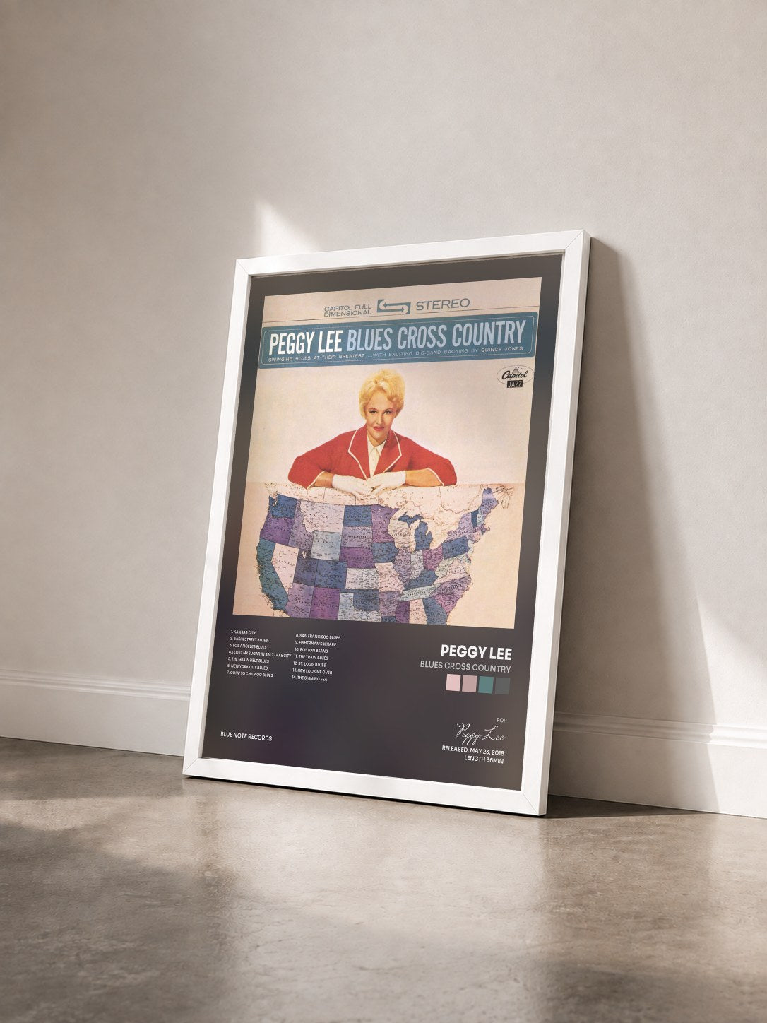 #blanc Tableau de l'album Blues Cross Country de Peggy Lee vu de trois quarts, cadre blanc