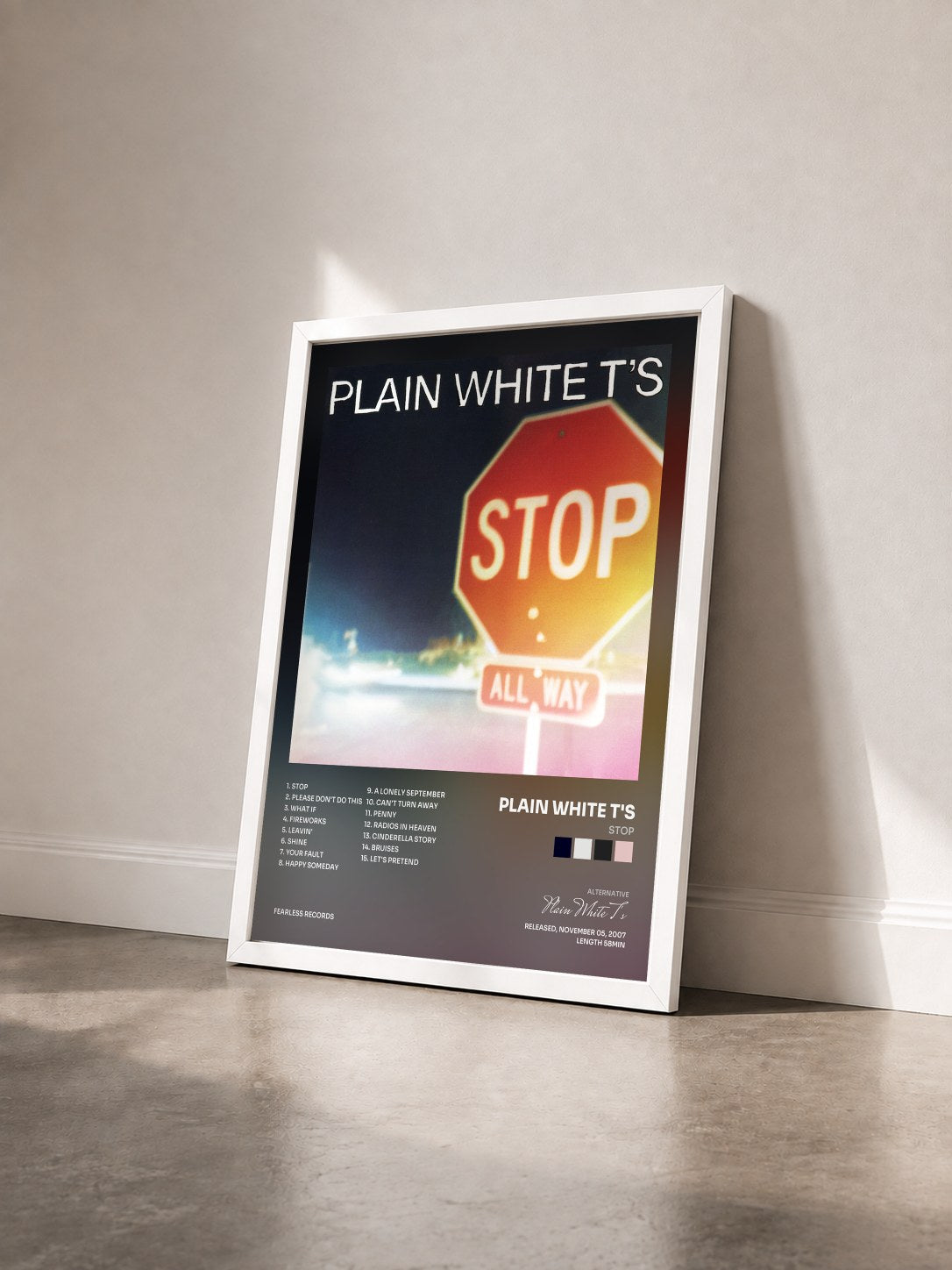 #blanc Tableau de l'album Stop de Plain White T's vu de trois quarts, cadre blanc