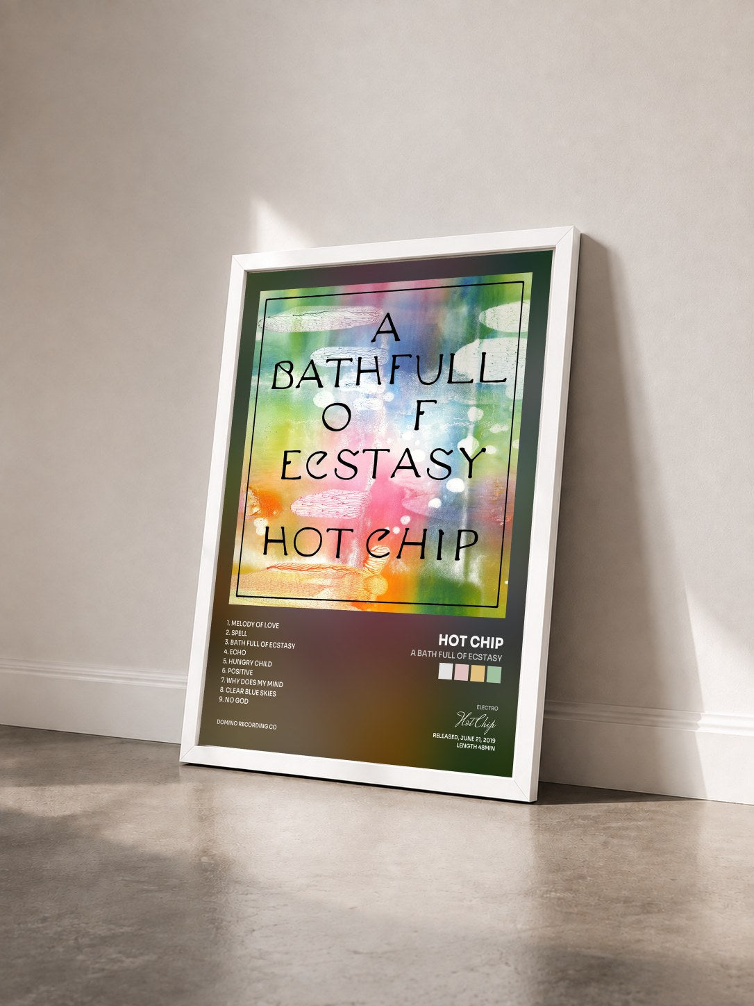 #blanc Tableau de l'album A Bath Full of Ecstasy de Hot Chip vu de trois quarts, cadre blanc