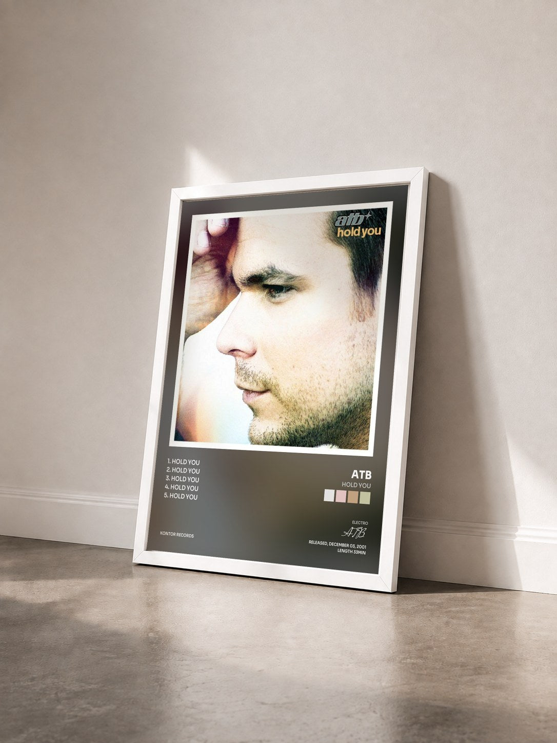 #blanc Tableau de l'album Hold You de ATB vu de trois quarts, cadre blanc