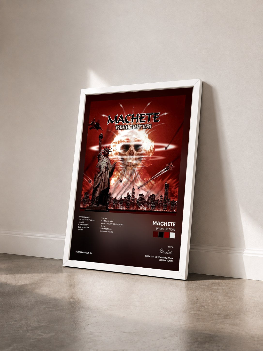 #blanc Tableau de l'album Premonition de Machete vu de trois quarts, cadre blanc