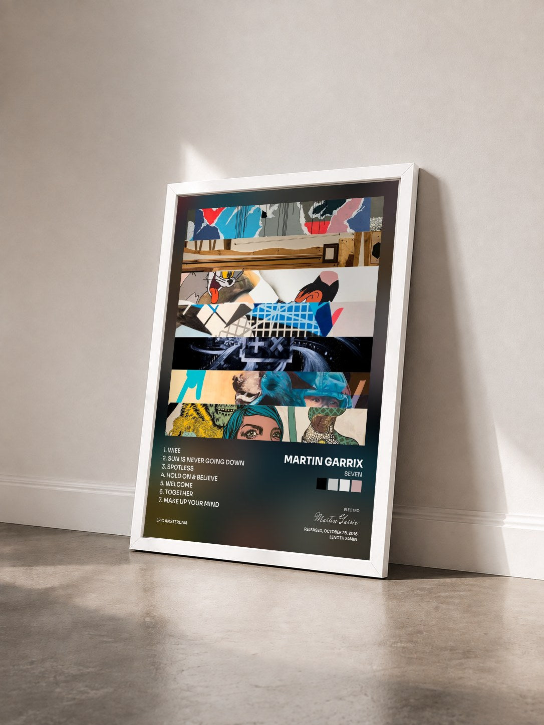 #blanc Tableau de l'album Seven de Martin Garrix vu de trois quarts, cadre blanc