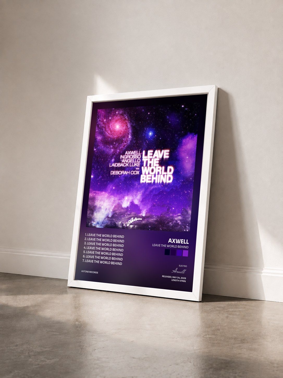 #blanc Tableau de l'album Leave The World Behind de Axwell vu de trois quarts, cadre blanc
