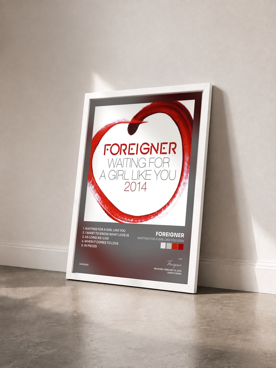 #blanc Tableau de l'album Waiting for a Girl Like You 2014 de Foreigner vu de trois quarts, cadre blanc