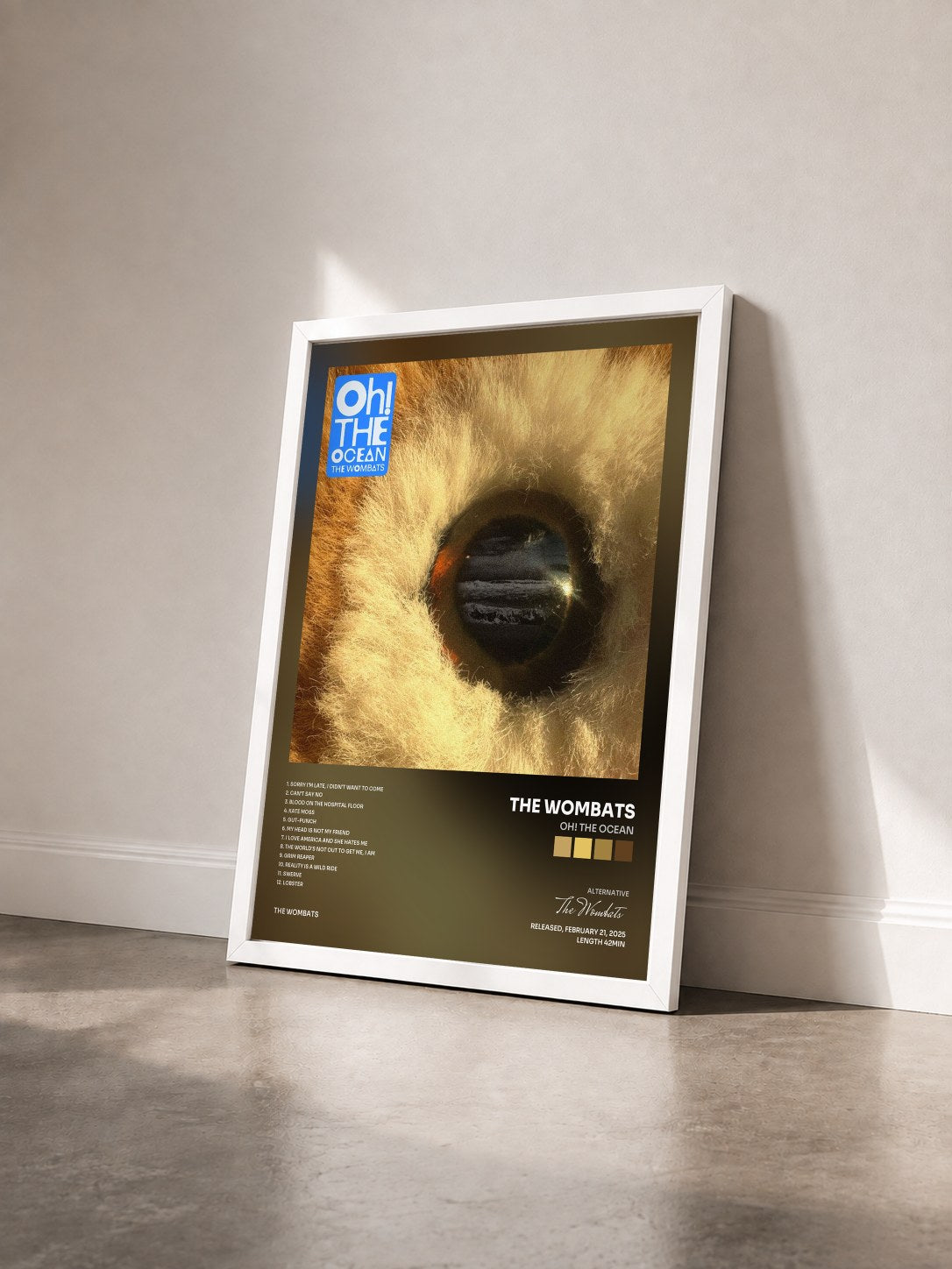 #blanc Tableau de l'album Oh! The Ocean de The Wombats vu de trois quarts, cadre blanc