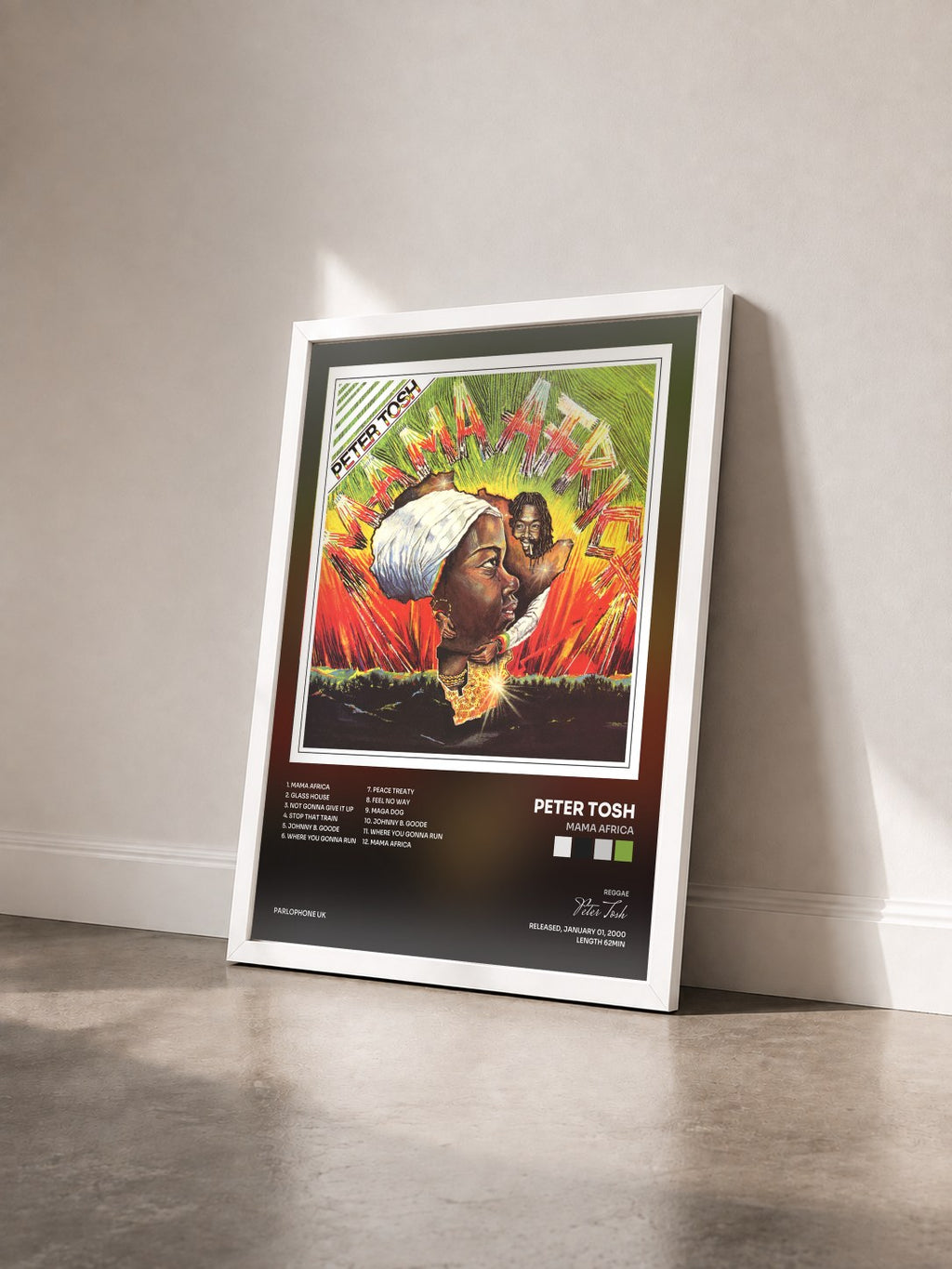 #blanc Tableau de l'album Mama Africa de Peter Tosh vu de trois quarts, cadre blanc