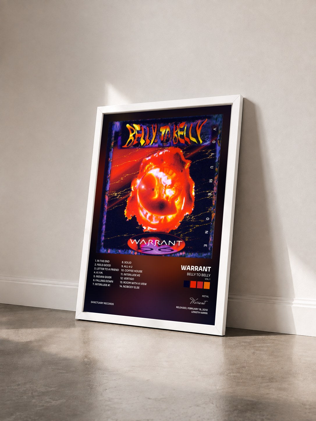 #blanc Tableau de l'album Belly To Belly (Vol. 1) de Warrant vu de trois quarts, cadre blanc