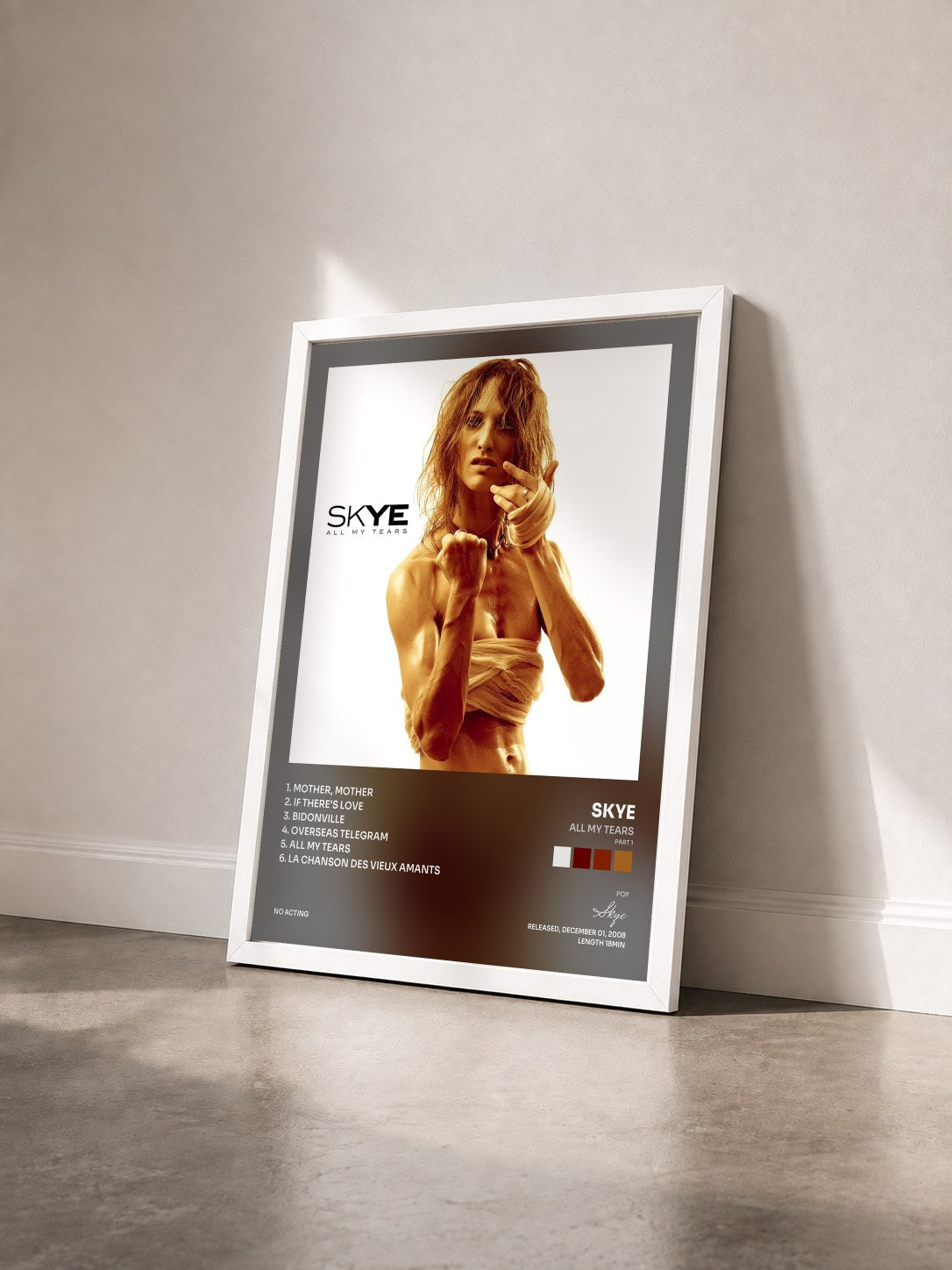 #blanc Tableau de l'album All My Tears (part 1) de Skye vu de trois quarts, cadre blanc