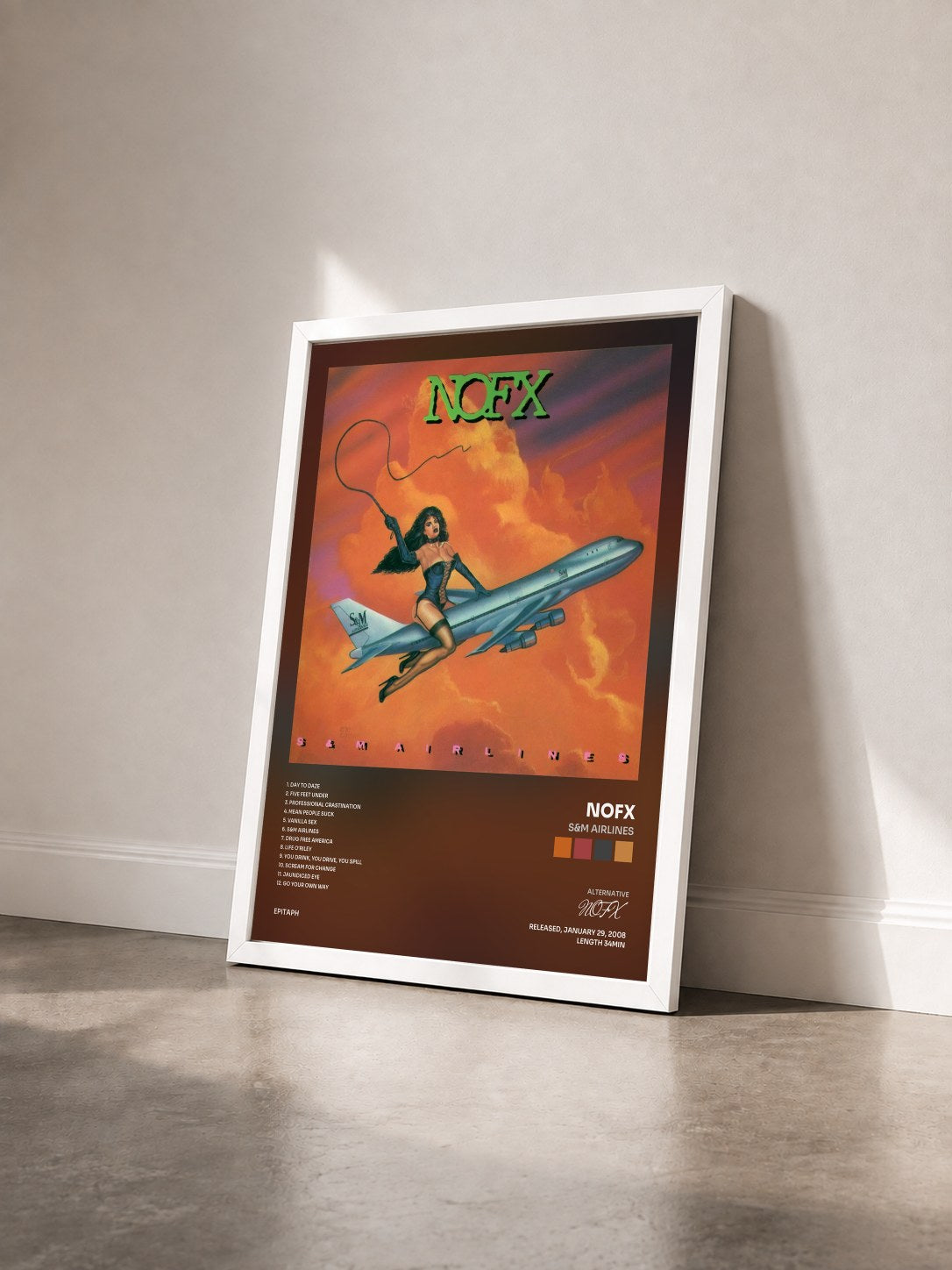 #blanc Tableau de l'album S&M Airlines de NOFX vu de trois quarts, cadre blanc