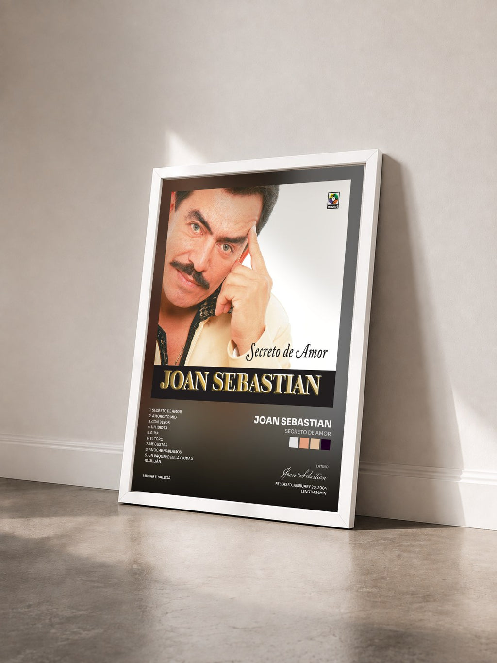 #blanc Secreto De Amor by Joan Sebastian as a framed art print seen at an angle, white frame