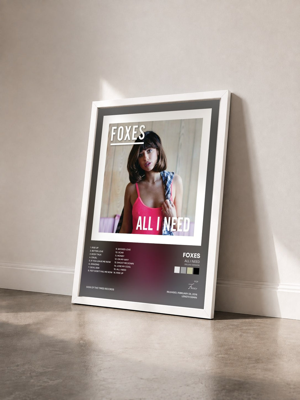 #blanc Tableau de l'album All I Need (Deluxe Version) de Foxes vu de trois quarts, cadre blanc