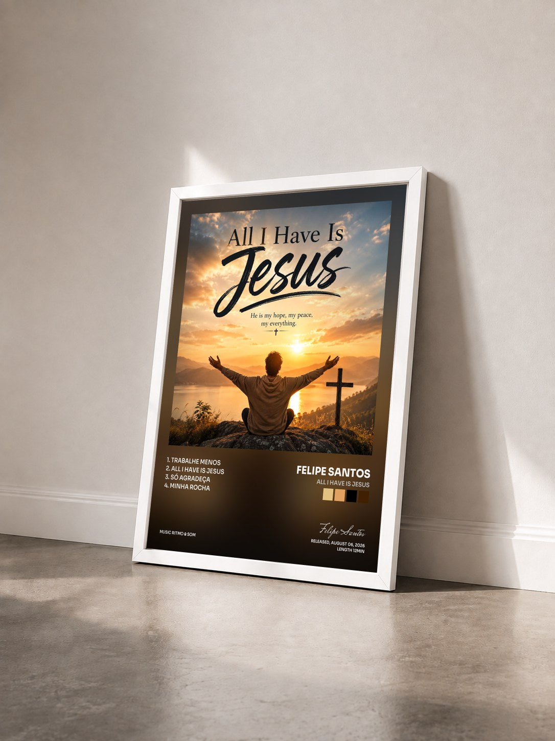 #blanc Tableau de l'album All I Have Is Jesus de Felipe Santos vu de trois quarts, cadre blanc