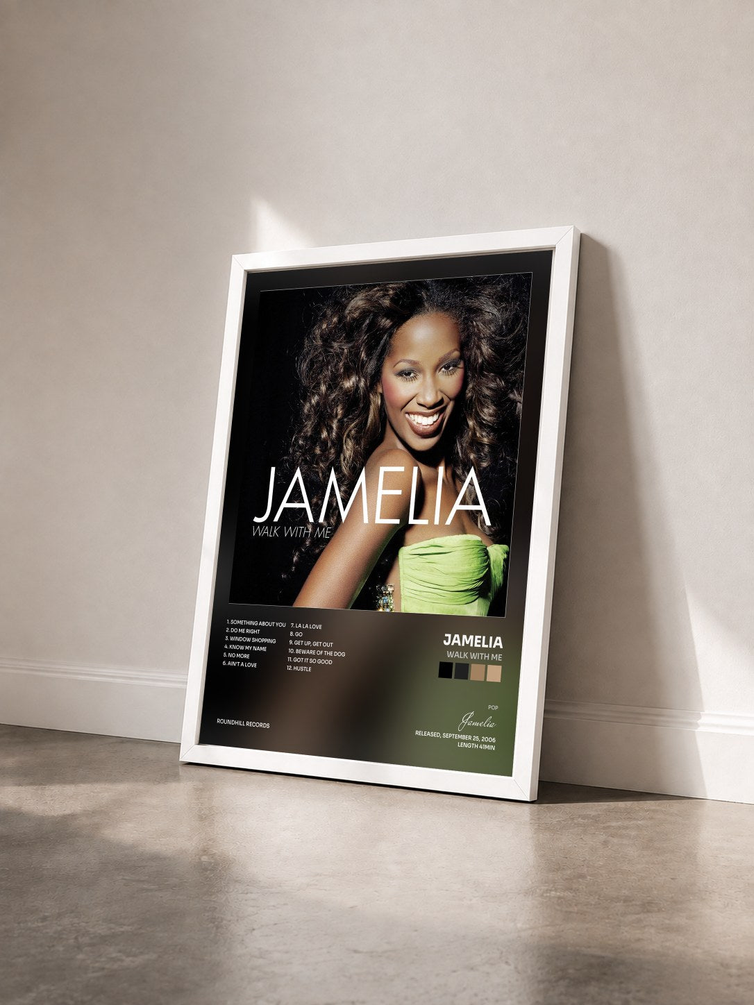 #blanc Tableau de l'album Walk with Me de Jamelia vu de trois quarts, cadre blanc