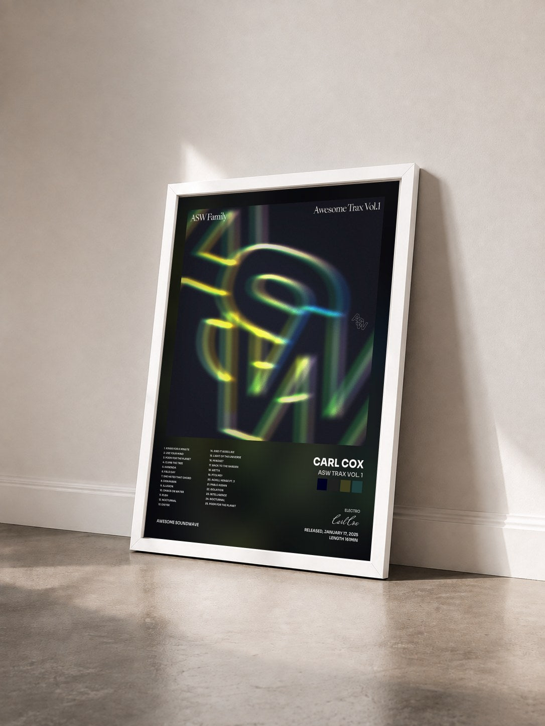 #blanc Tableau de l'album ASW Trax Vol. 1 de Carl Cox vu de trois quarts, cadre blanc