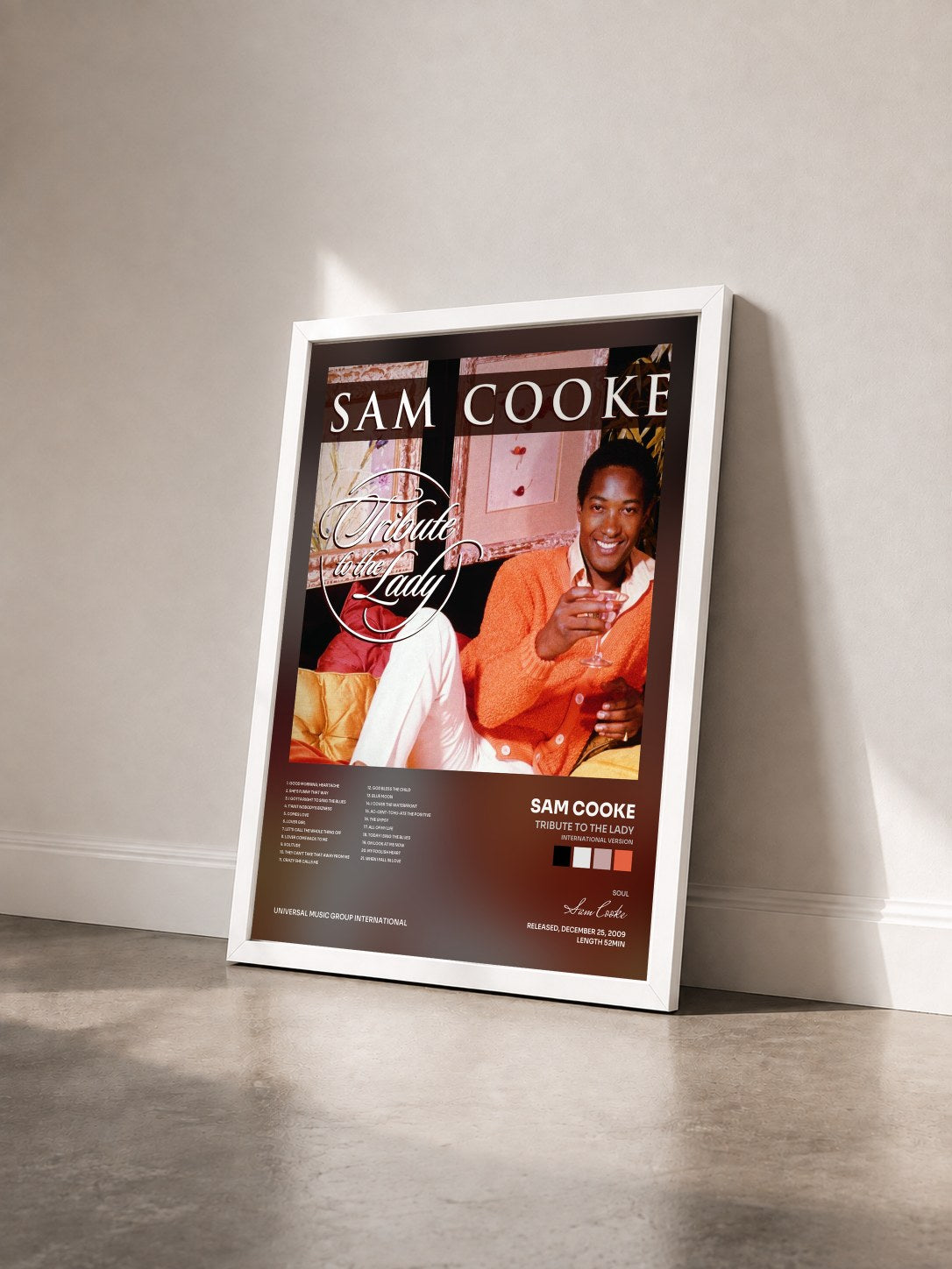#blanc Tableau de l'album Tribute To The Lady (International Version) de Sam Cooke vu de trois quarts, cadre blanc