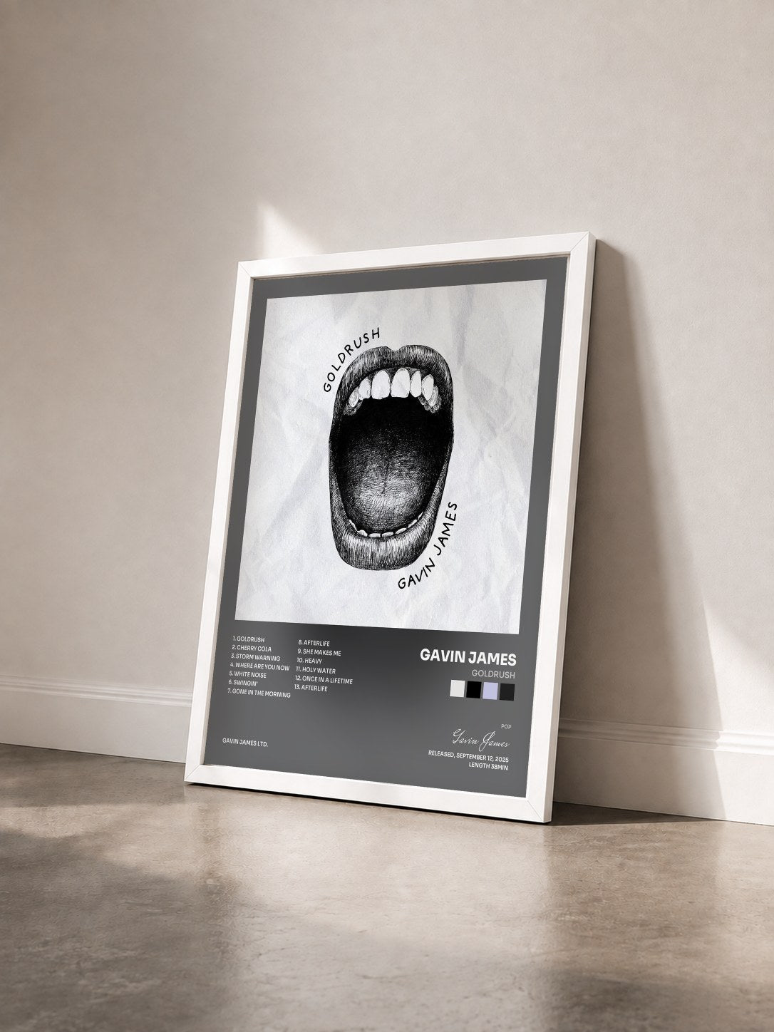 #blanc Tableau de l'album Goldrush de Gavin James vu de trois quarts, cadre blanc