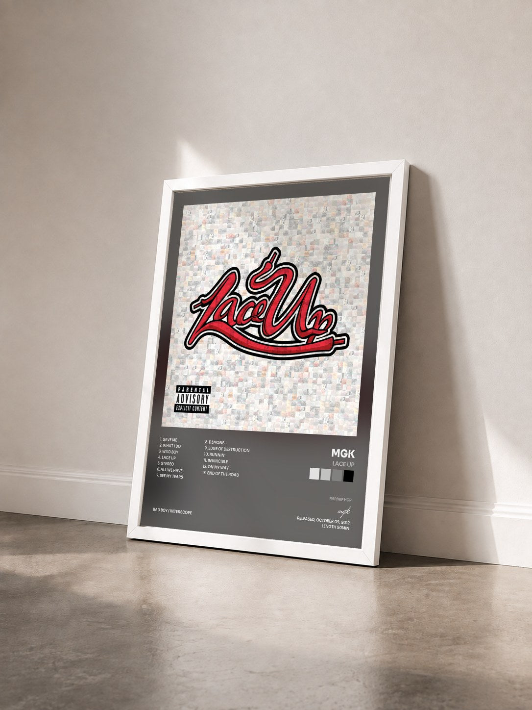 #blanc Tableau de l'album Lace Up de mgk vu de trois quarts, cadre blanc