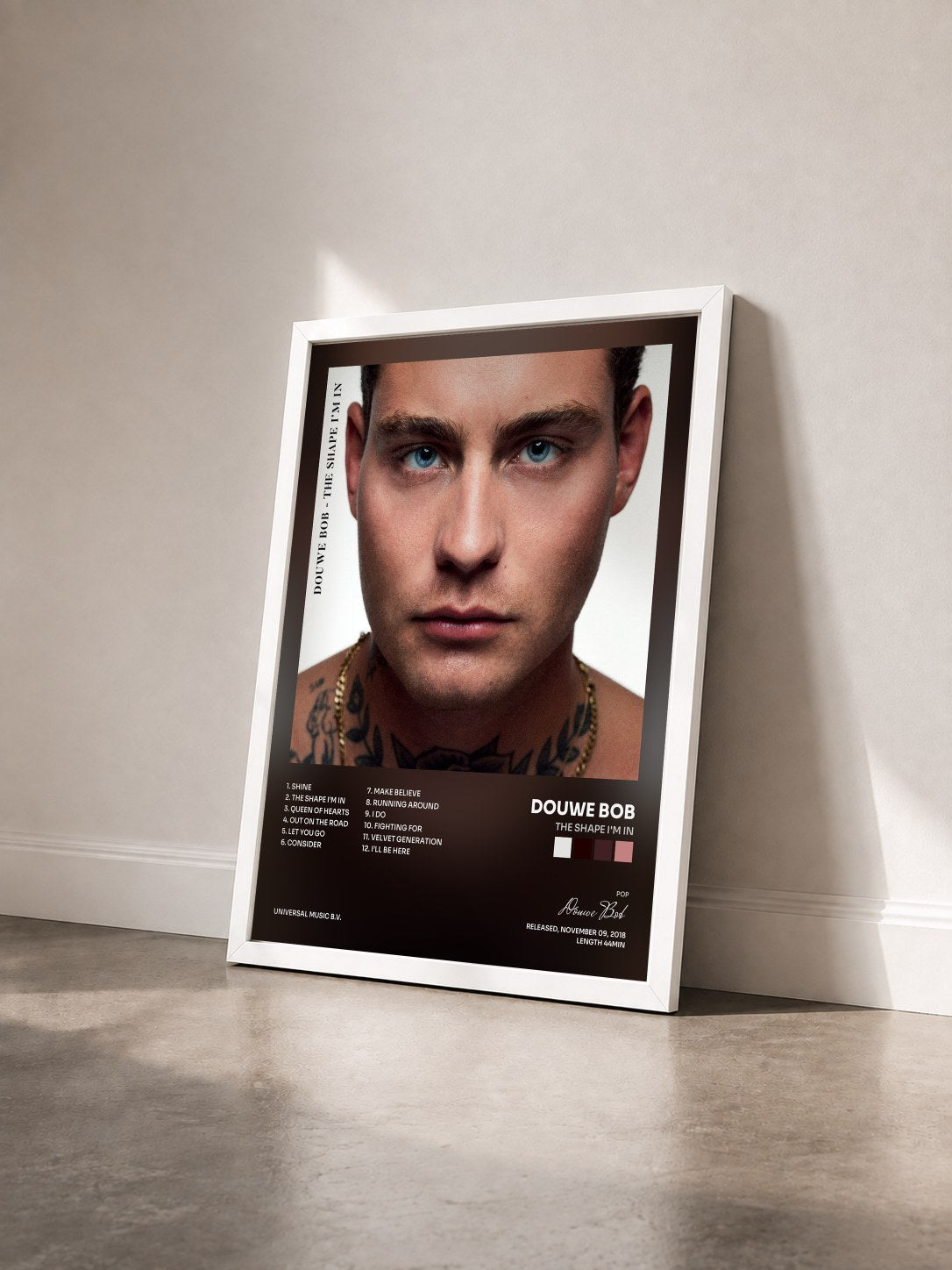 #blanc Tableau de l'album The Shape I'm In de Douwe Bob vu de trois quarts, cadre blanc