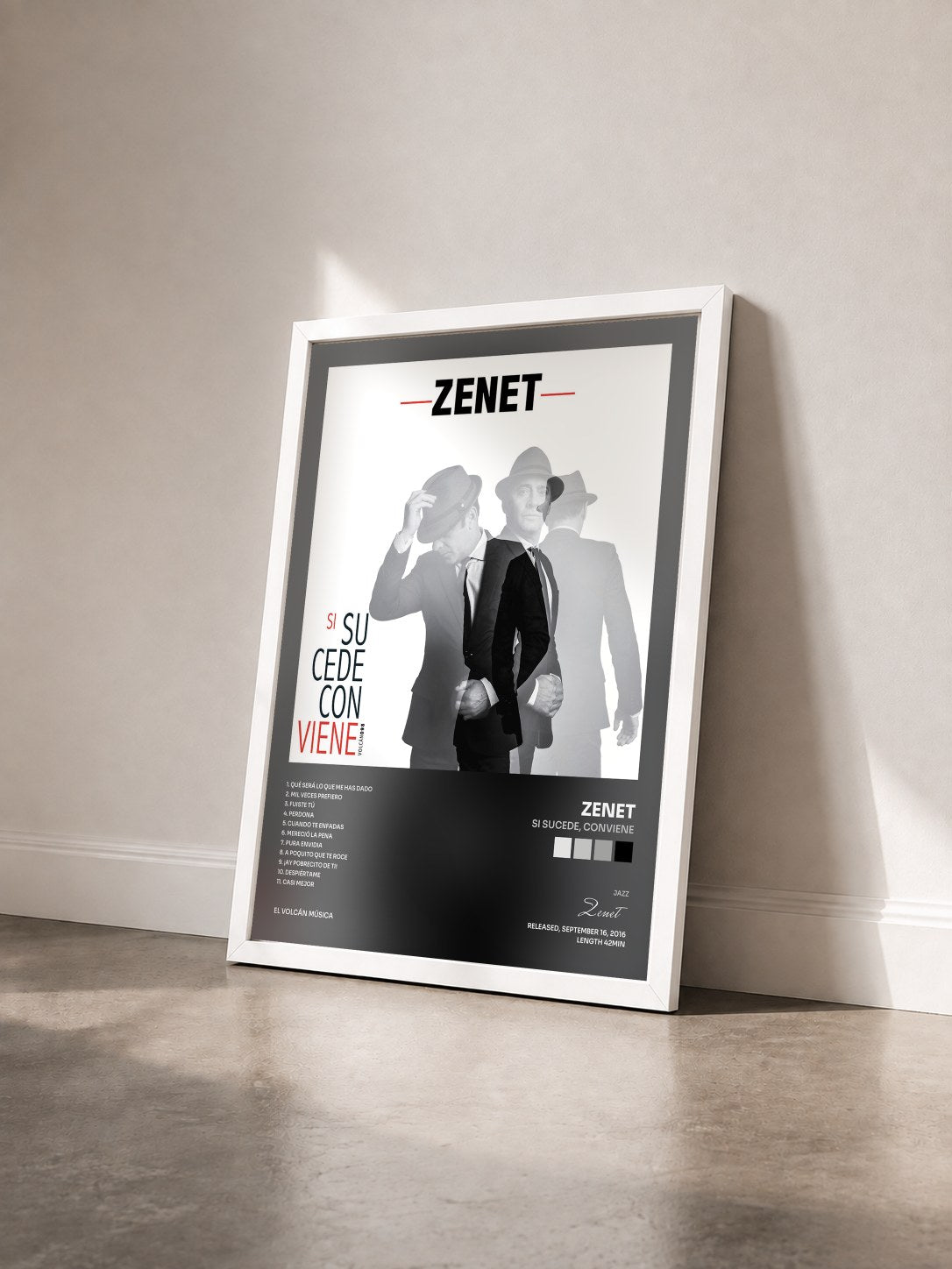 #blanc Tableau de l'album Si Sucede, Conviene de Zenet vu de trois quarts, cadre blanc