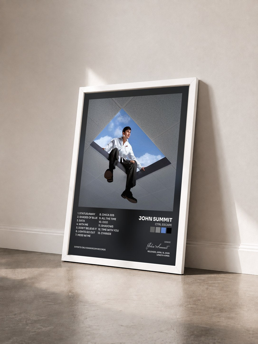 #blanc Tableau de l'album CTRL ESCAPE de John Summit vu de trois quarts, cadre blanc