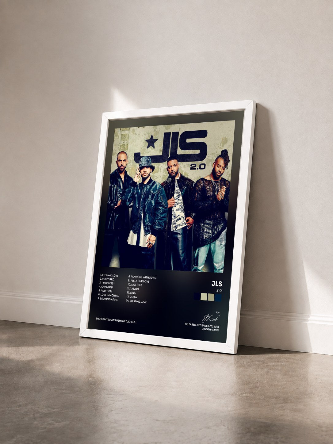 #blanc Tableau de l'album 2.0 de JLS vu de trois quarts, cadre blanc