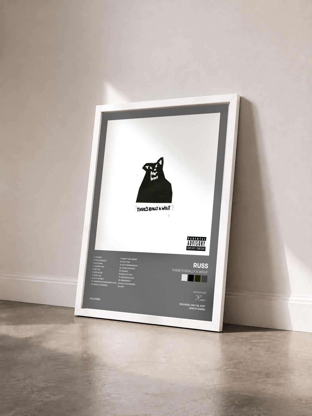#blanc Tableau de l'album There's Really A Wolf de Russ vu de trois quarts, cadre blanc