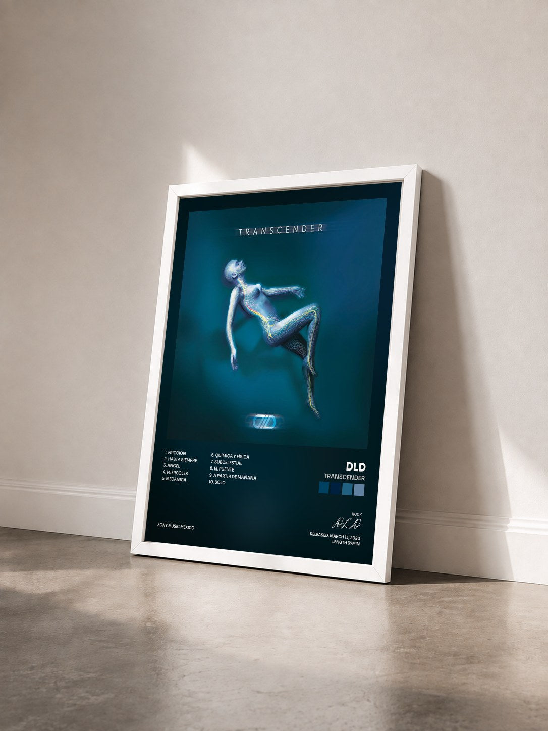 #blanc Tableau de l'album Transcender de DLD vu de trois quarts, cadre blanc