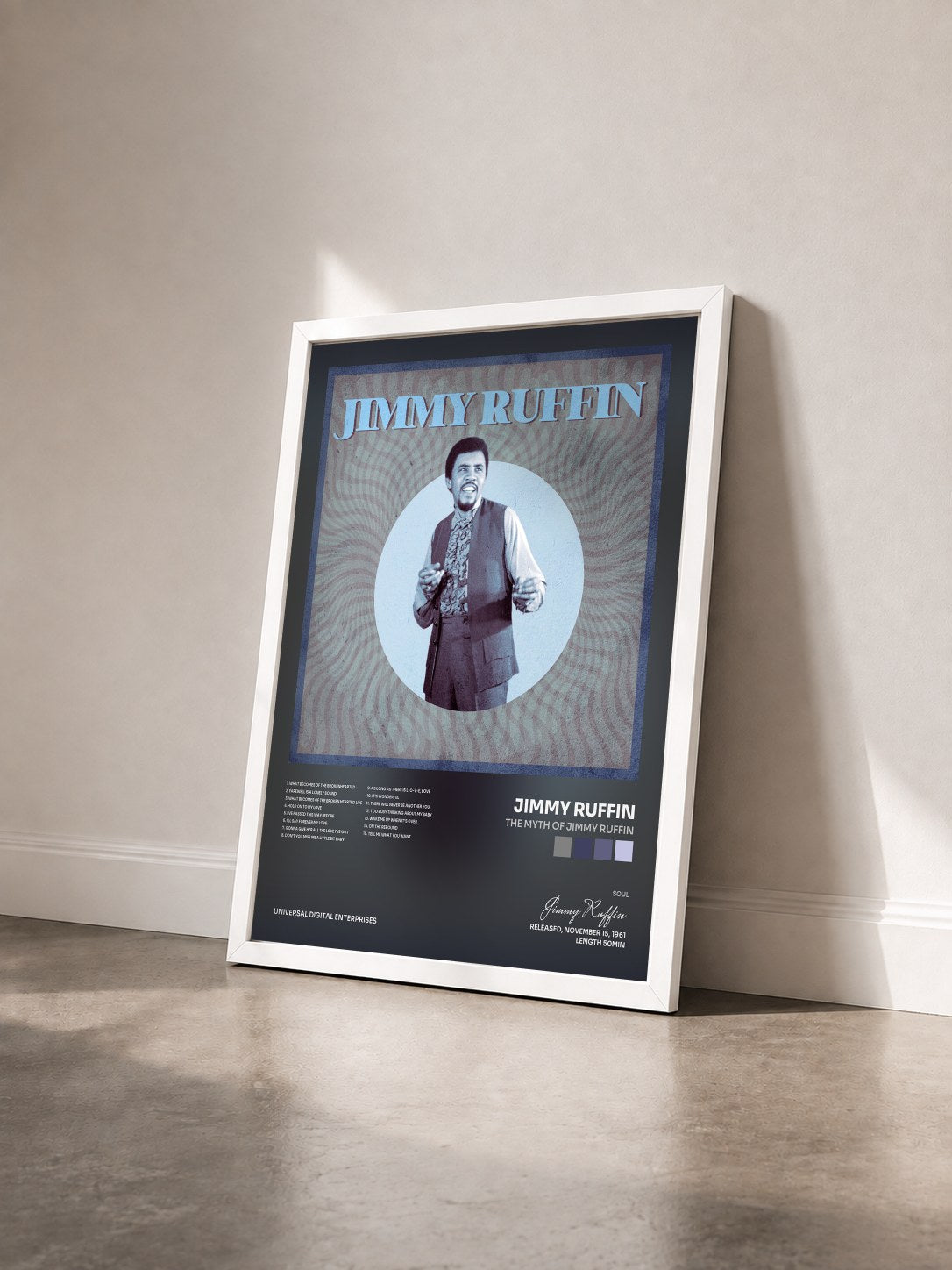 #blanc Tableau de l'album The Myth of Jimmy Ruffin de Jimmy Ruffin vu de trois quarts, cadre blanc