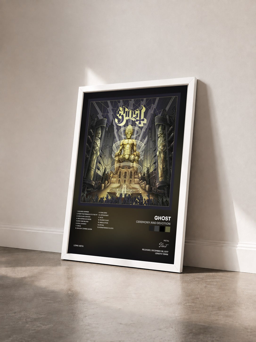 #blanc Tableau de l'album Ceremony And Devotion de Ghost vu de trois quarts, cadre blanc
