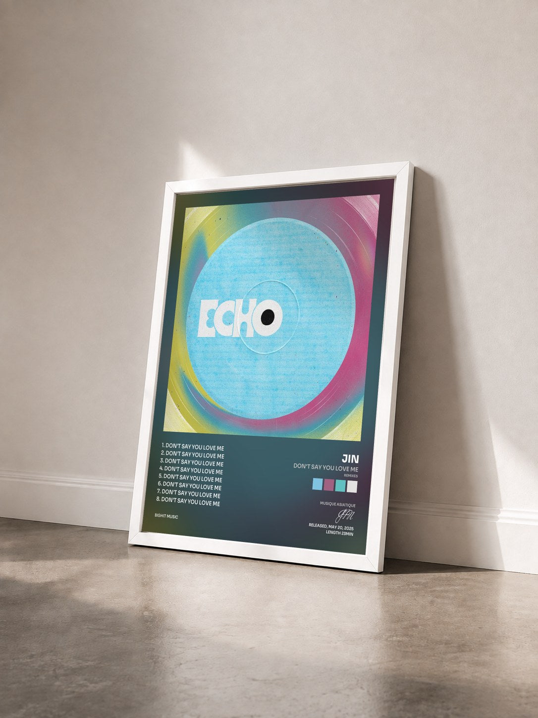 #blanc Tableau de l'album Don't Say You Love Me (Remixes) de JIN vu de trois quarts, cadre blanc