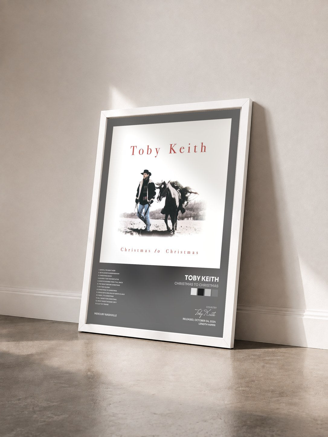 #blanc Tableau de l'album Christmas To Christmas de Toby Keith vu de trois quarts, cadre blanc