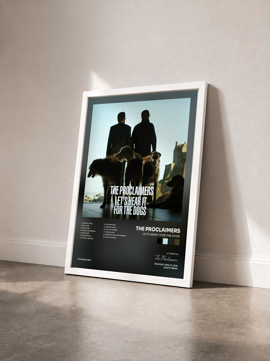 #blanc Tableau de l'album Let's Hear It for the Dogs de The Proclaimers vu de trois quarts, cadre blanc