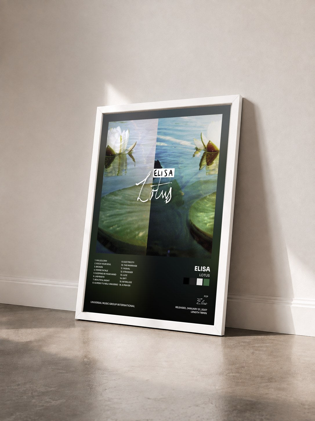 #blanc Tableau de l'album Lotus de Elisa vu de trois quarts, cadre blanc