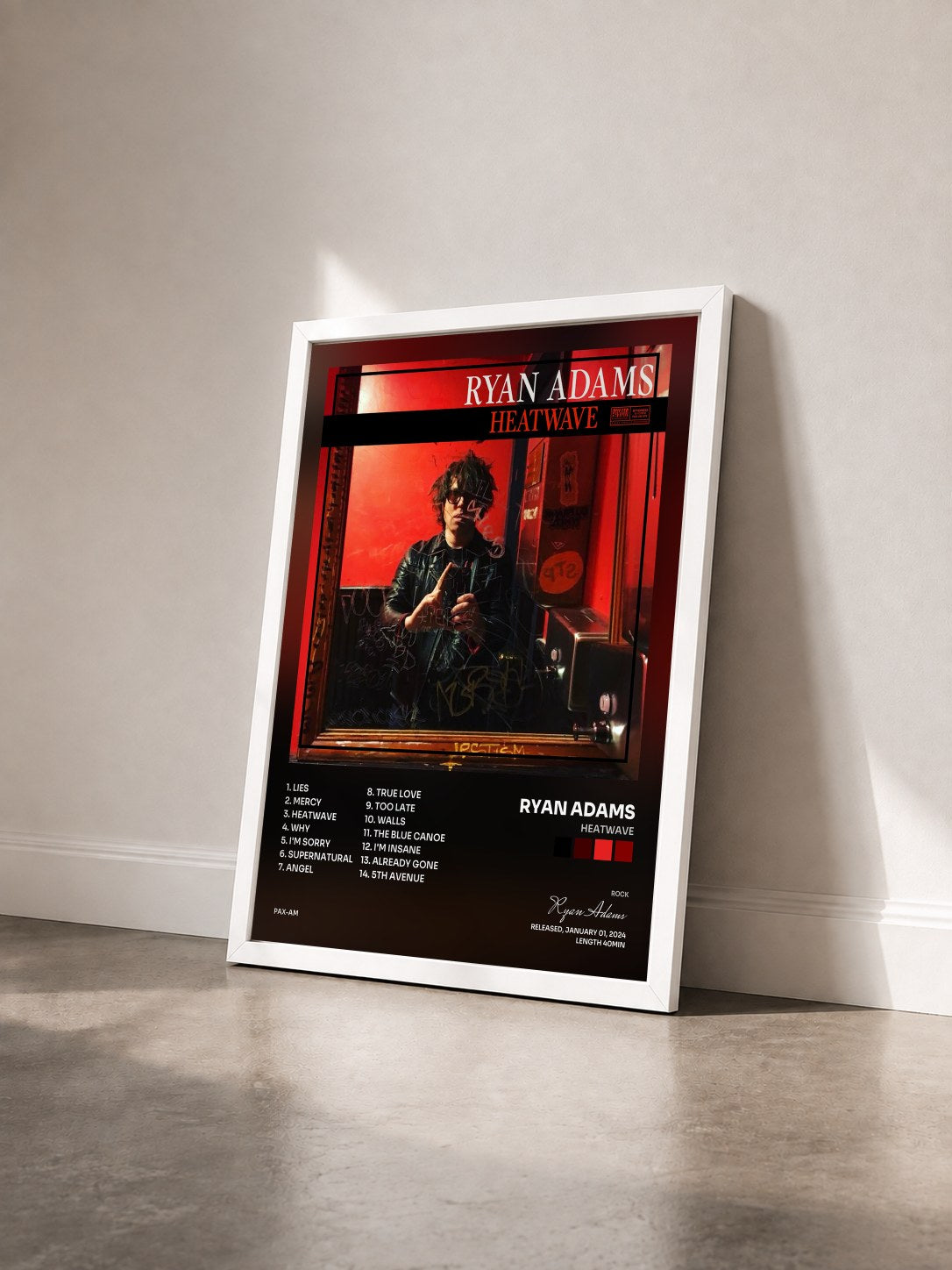 #blanc Tableau de l'album Heatwave de Ryan Adams vu de trois quarts, cadre blanc