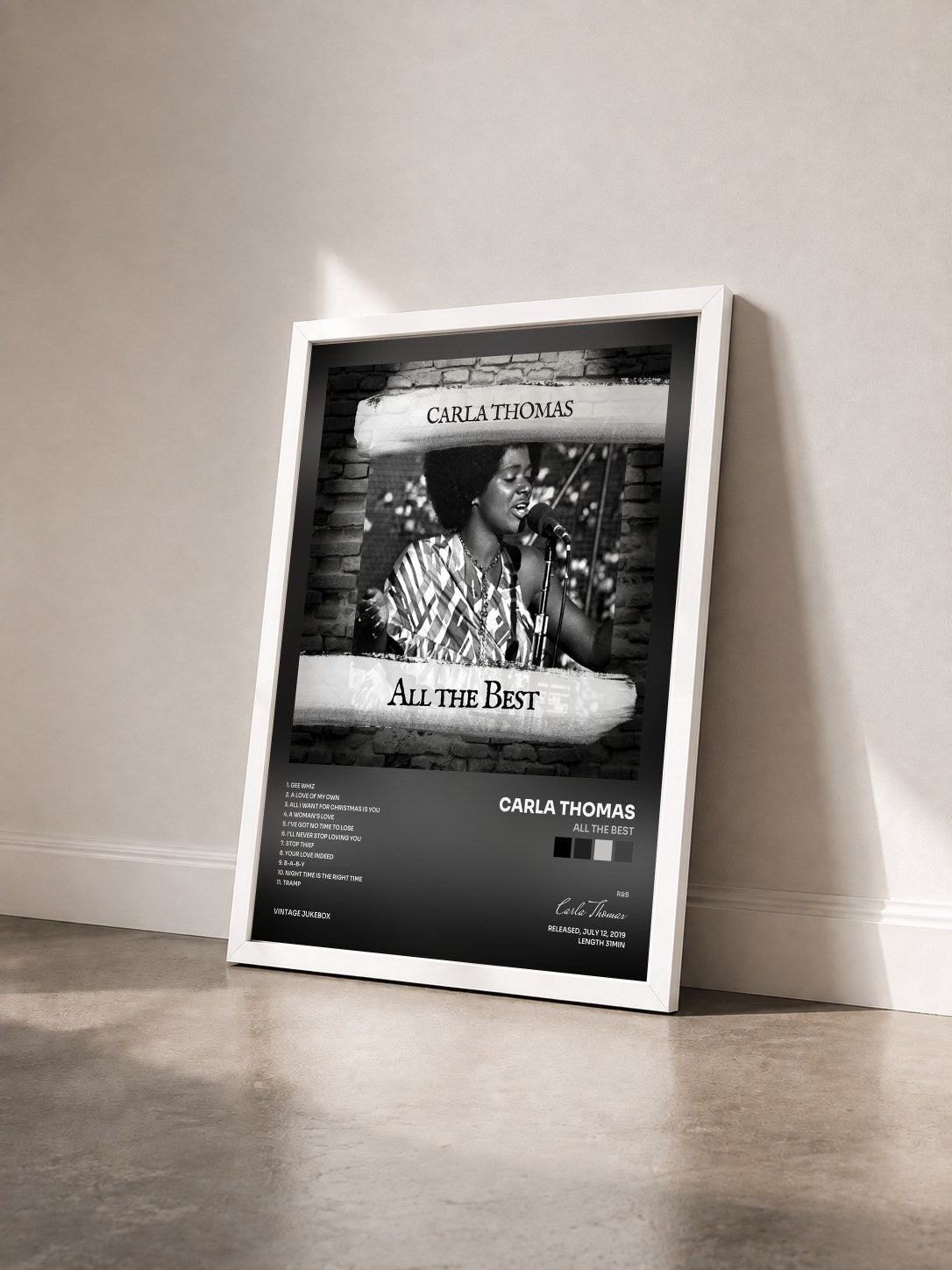 #blanc Tableau de l'album All the Best de Carla Thomas vu de trois quarts, cadre blanc