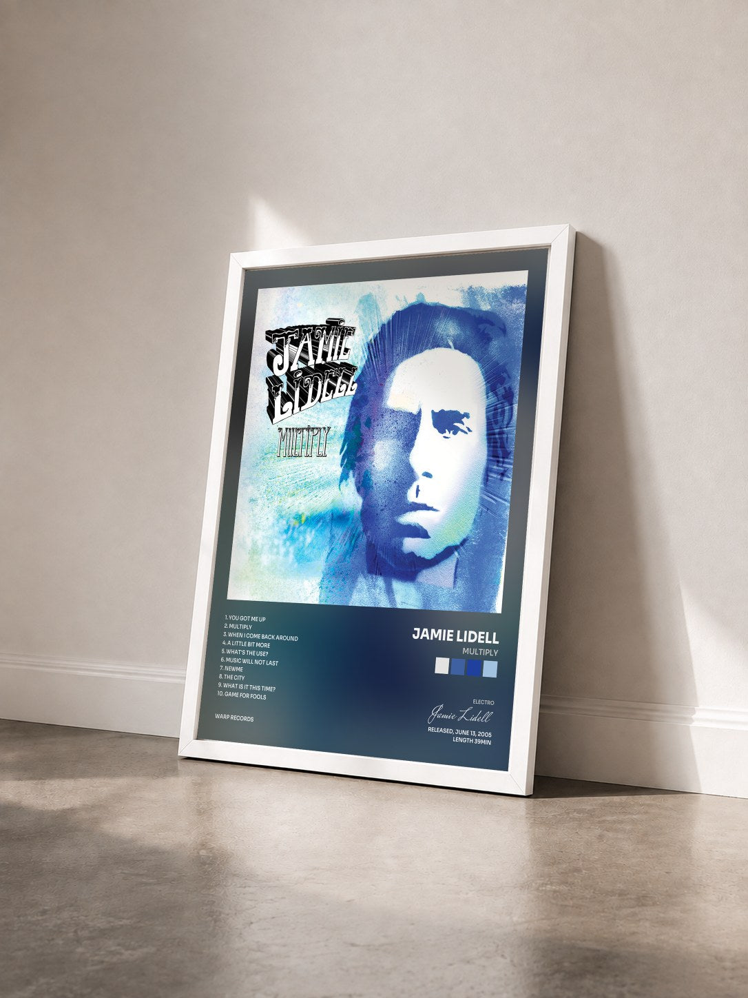 #blanc Tableau de l'album Multiply de Jamie Lidell vu de trois quarts, cadre blanc