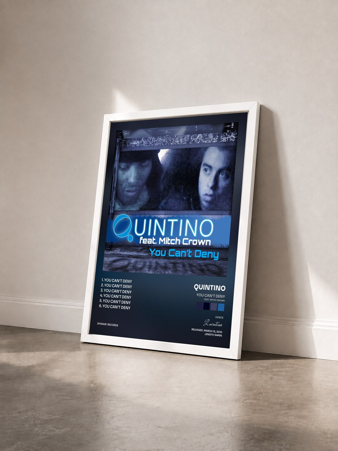 #blanc Tableau de l'album You Can't Deny (feat. Mitch Crown) de Quintino vu de trois quarts, cadre blanc