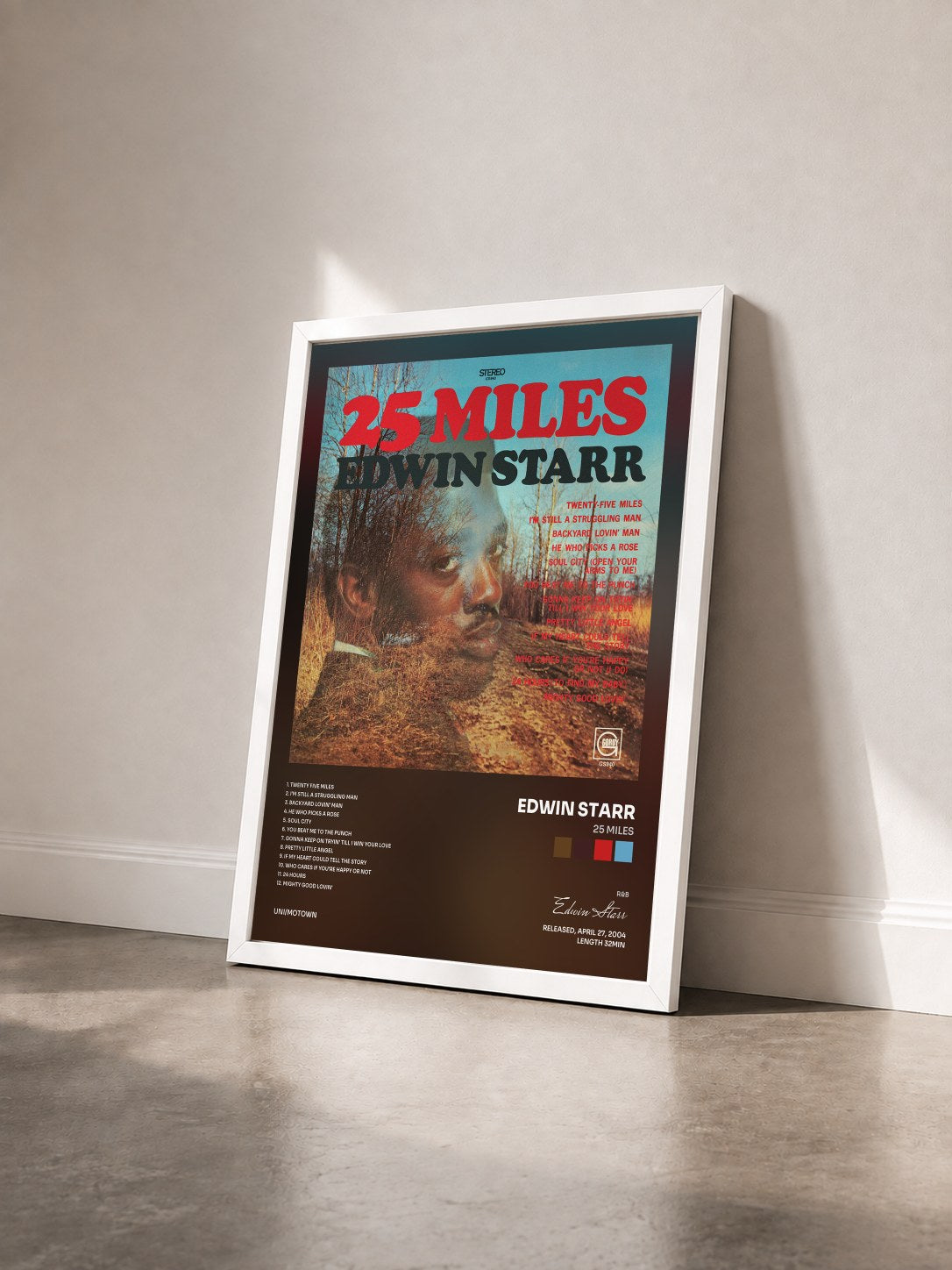 #blanc Tableau de l'album 25 Miles de Edwin Starr vu de trois quarts, cadre blanc