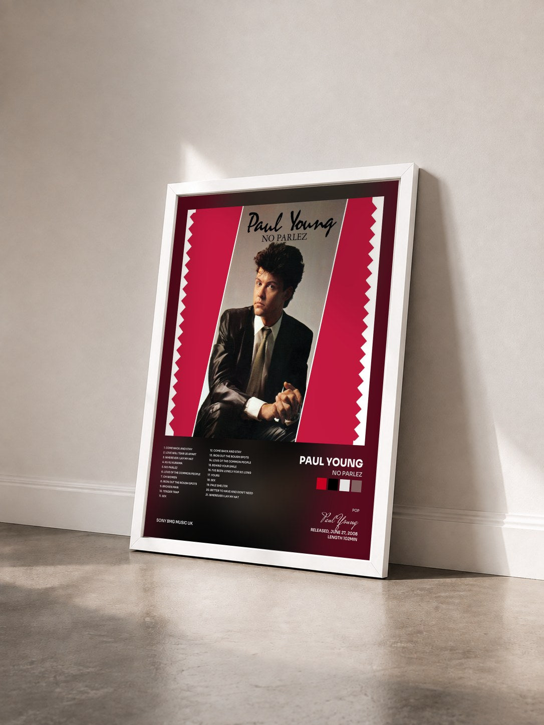 #blanc Tableau de l'album No Parlez de Paul Young vu de trois quarts, cadre blanc