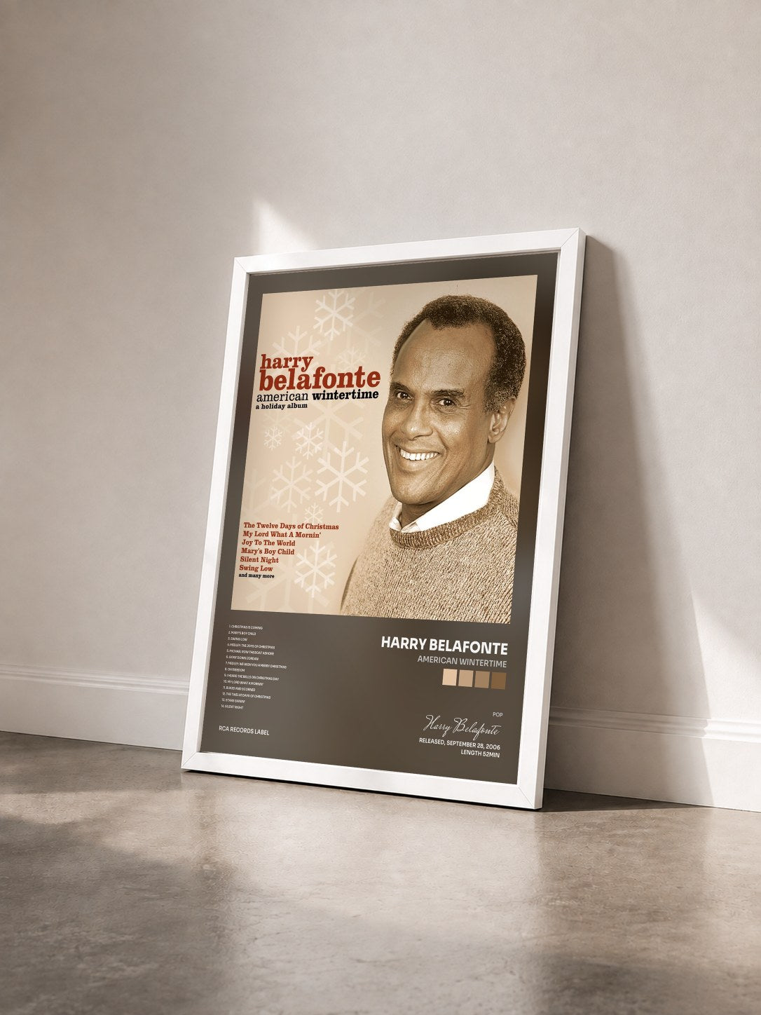 #blanc Tableau de l'album American Wintertime de Harry Belafonte vu de trois quarts, cadre blanc