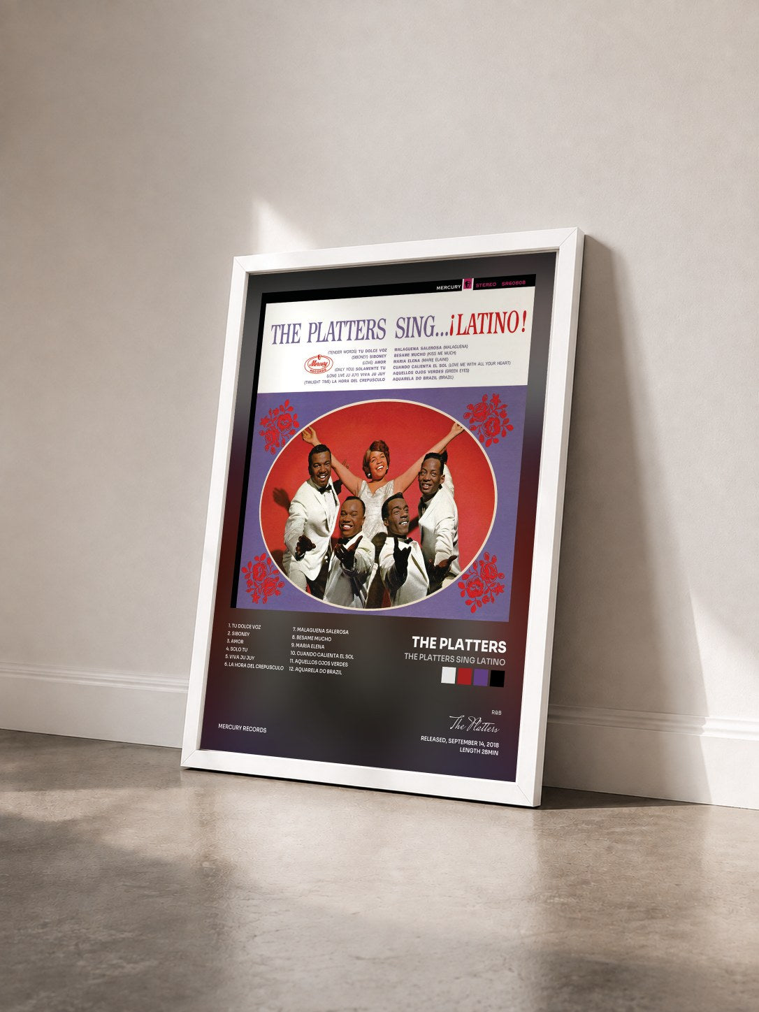 #blanc Tableau de l'album The Platters Sing Latino de The Platters vu de trois quarts, cadre blanc