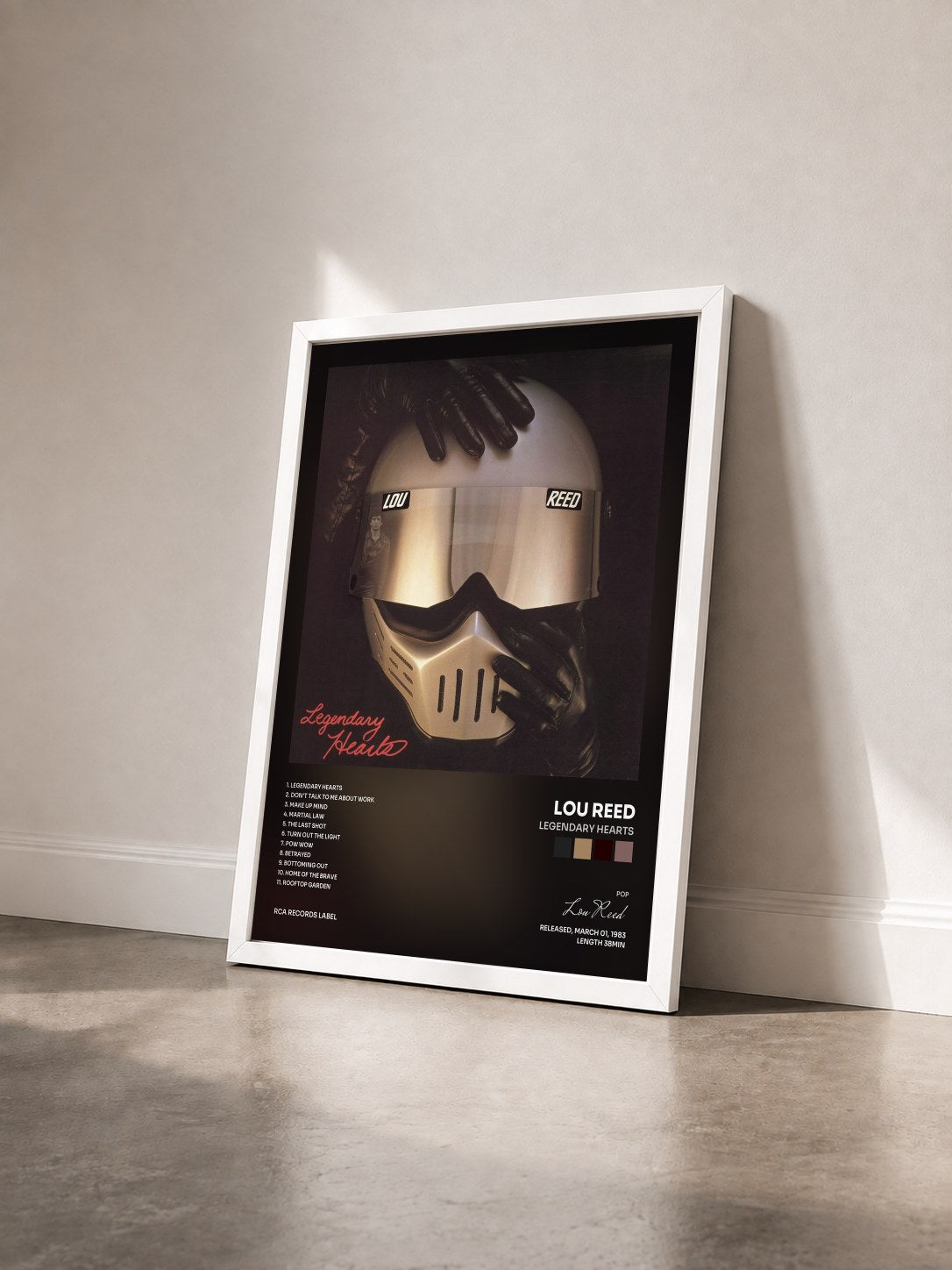 #blanc Tableau de l'album Legendary Hearts de Lou Reed vu de trois quarts, cadre blanc