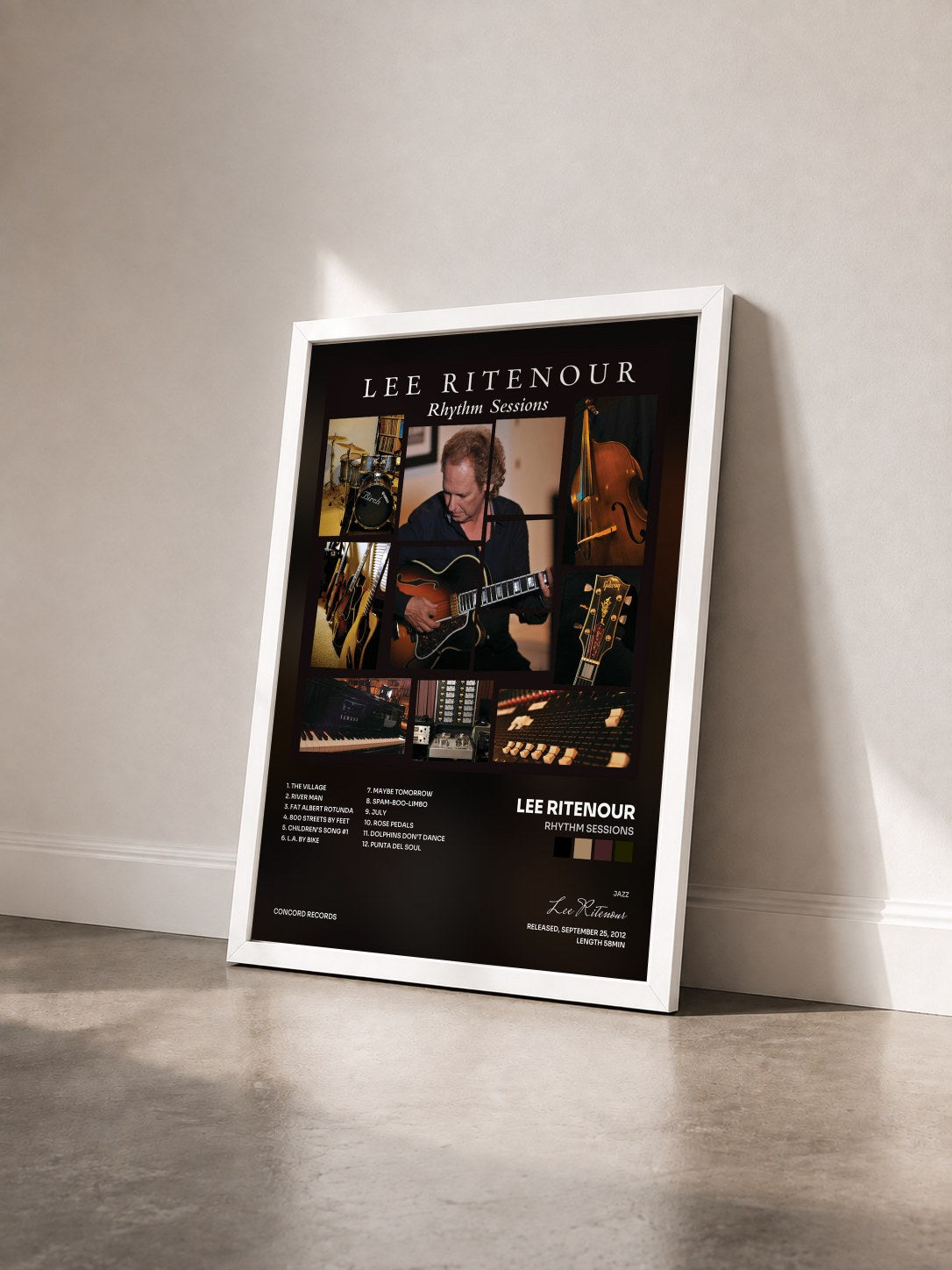 #blanc Tableau de l'album Rhythm Sessions de Lee Ritenour vu de trois quarts, cadre blanc
